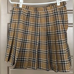 tan and black plaid pleated mini skirt